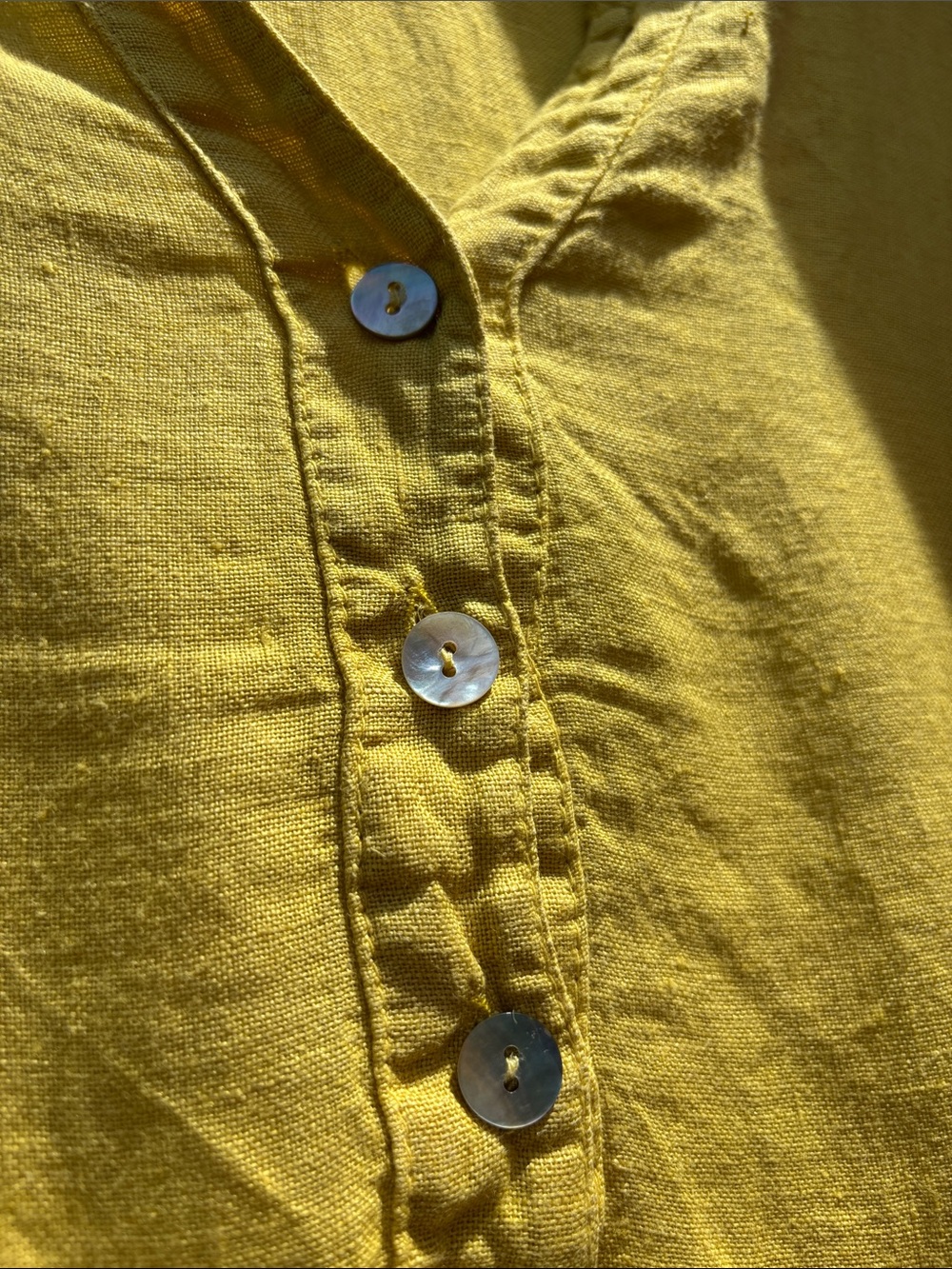 59. Sleeveless Sunny Yellow Linen Mini Dress with Mother of Pearl Button Front - Picture 6 of 17